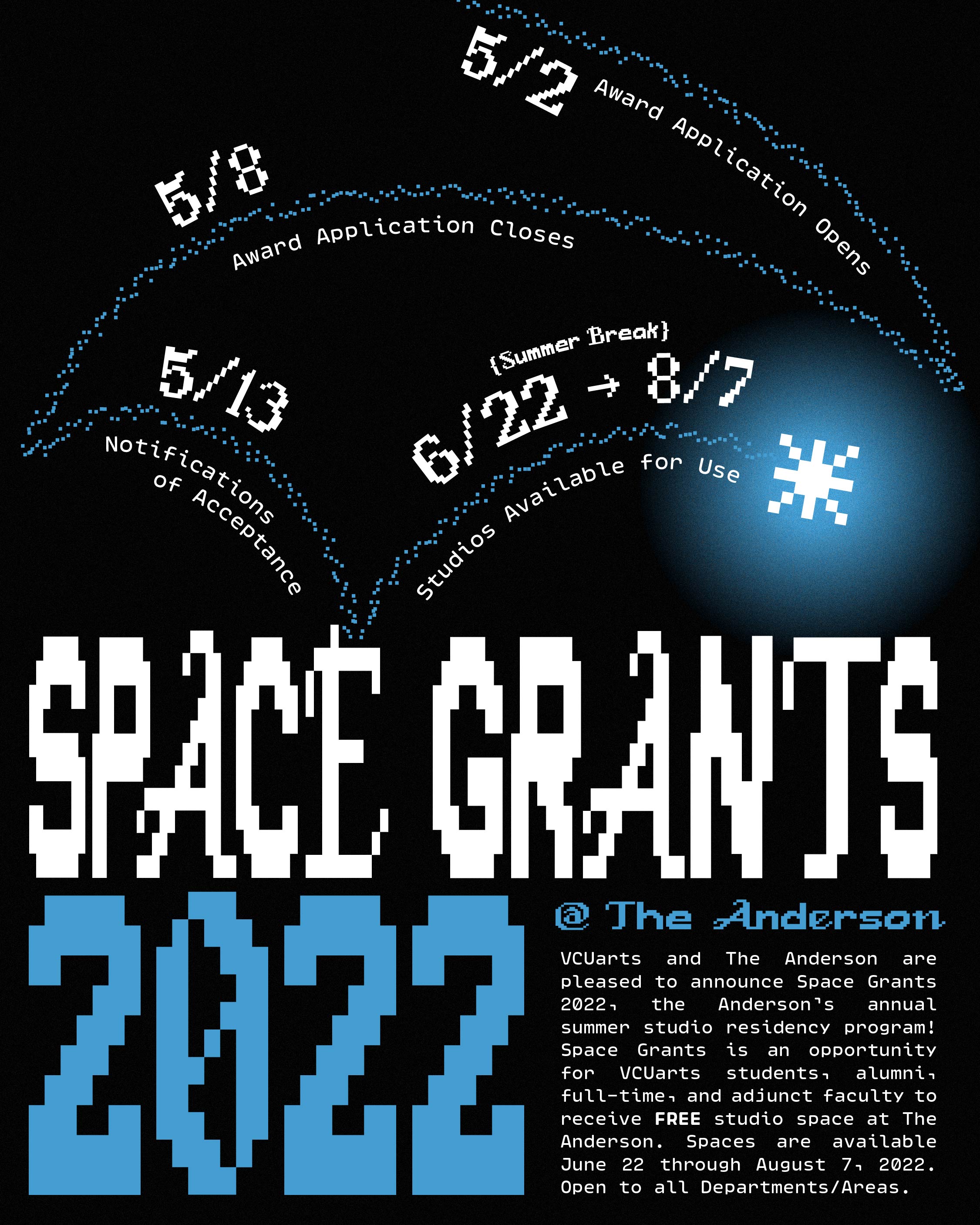 Poster with pixel type that is a blend of both serif and sans-serif in white and blue. There is a white, glowing pixel star with a blue dotted trail showing its path, originally coming in from the top edge and bouncing off the poster's edges and the text 'SPACE GRANTS 2022'. In the bottom right corner is smaller text describing the grant. Above, below, and along the blue trail are dates and timeline of the residency from open applications to studio availability.