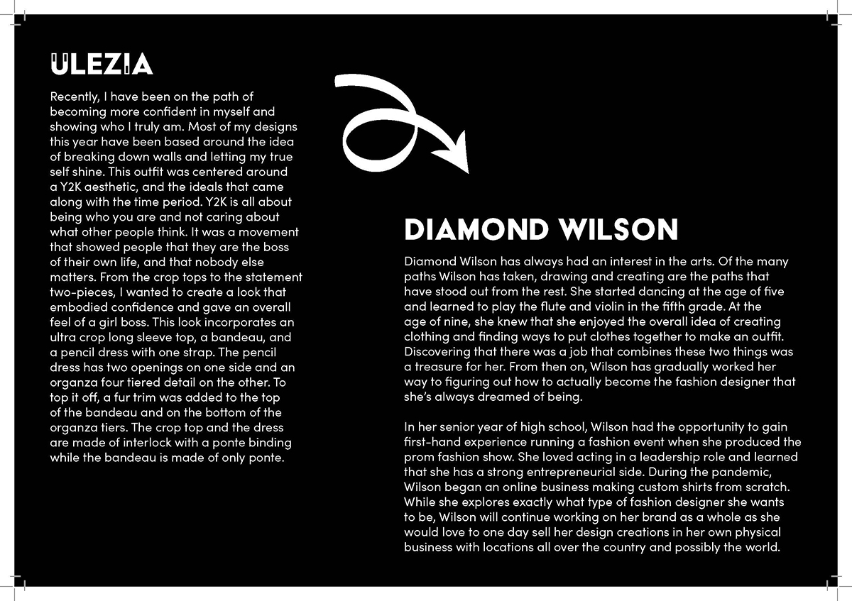 Artist didactic for Diamond Wilson with two large blocks of white sans-serif text on a black background. On the left is the title 'Ulezia' with the artist statement underneath. On the right is the artist's name, 'Diamond Wilson' with the artist biography underneath. Between the blocks of text is a bold looping arrow, angled diagonally towards the artist's name.