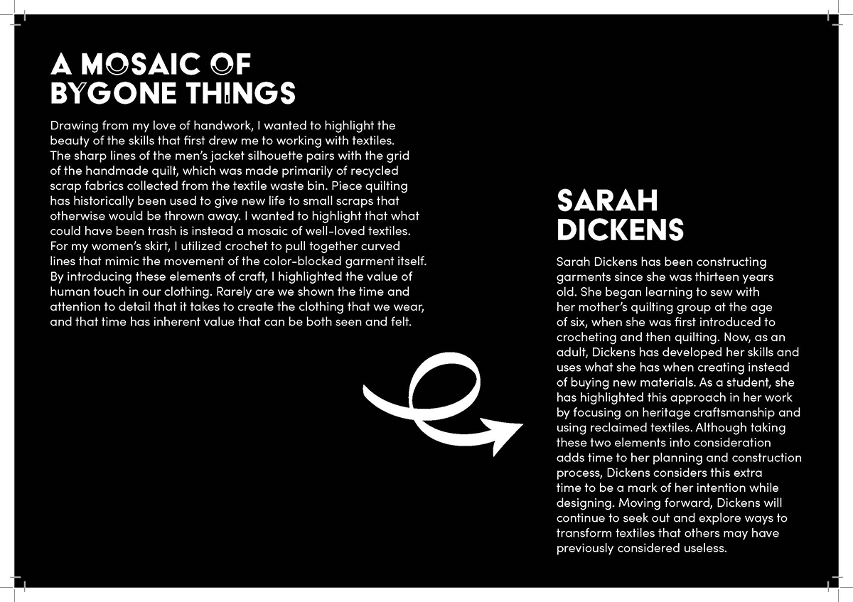 Artist didactic for Sarah Dickens with two large blocks of white sans-serif text on a black background. On the left is the title 'A Mosaic of Bygone Things' with the artist statement underneath. On the right is the artist's name, 'Sarah Dickens' with the artist biography underneath. Between the blocks of text is a bold looping arrow, pointed towards the artist biography.