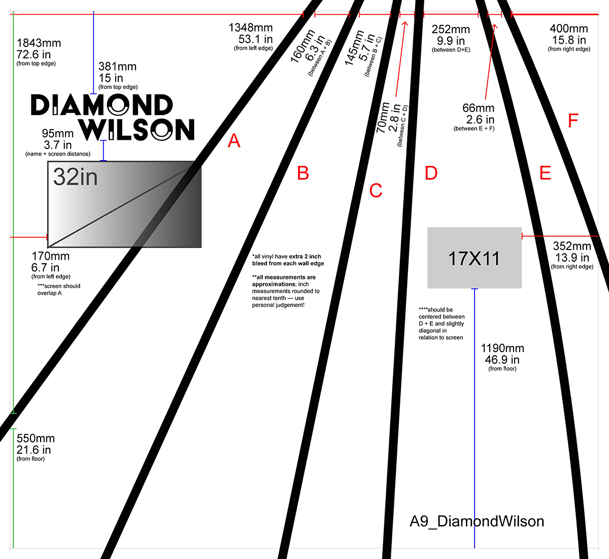 A placement guide for Diamond Wilson's exhibition wall with measurements in millimeters and inches, the vinyl design, and placeholders for a digital screen and artist didactic. The vinyl design features the artist name and long black lines coming down diagonally from the top in a fan-like shape.