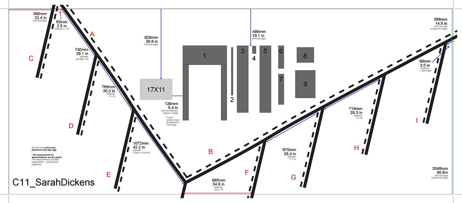 A placement guide for Sarah Dickens's exhibition wall with measurements in millimeters and inches, the vinyl design, and placeholders for a wall installation and artist didactic. The vinyl design is in black and features a V-shaped design, with a series of perpindicular lines coming from below the V shape. Solid lines have a dashed line beside them, reminiscent of a stitching pattern.