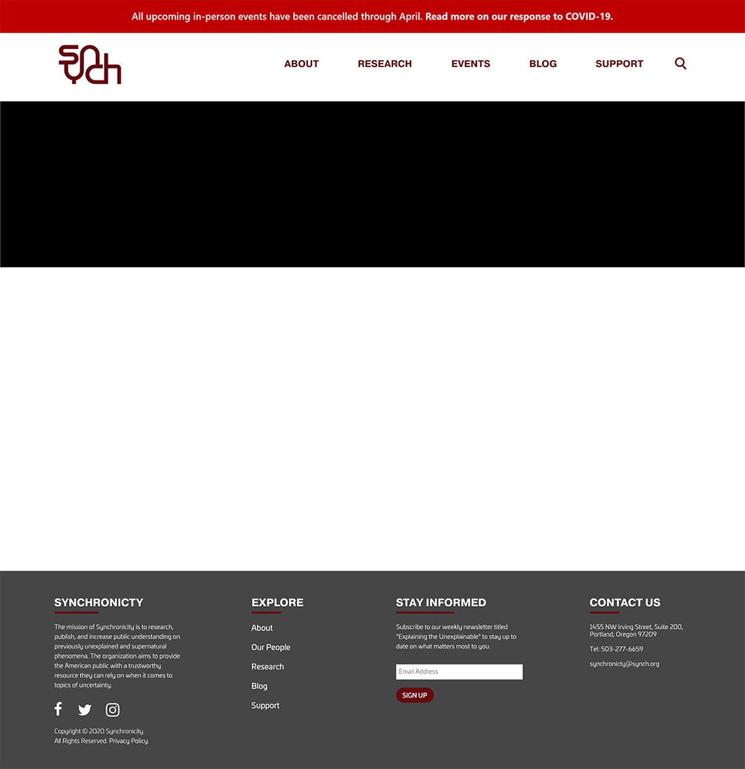 The base template for the SYNCH website showcasing the header, the footer, and a banner that discusses their COVID-19 response.