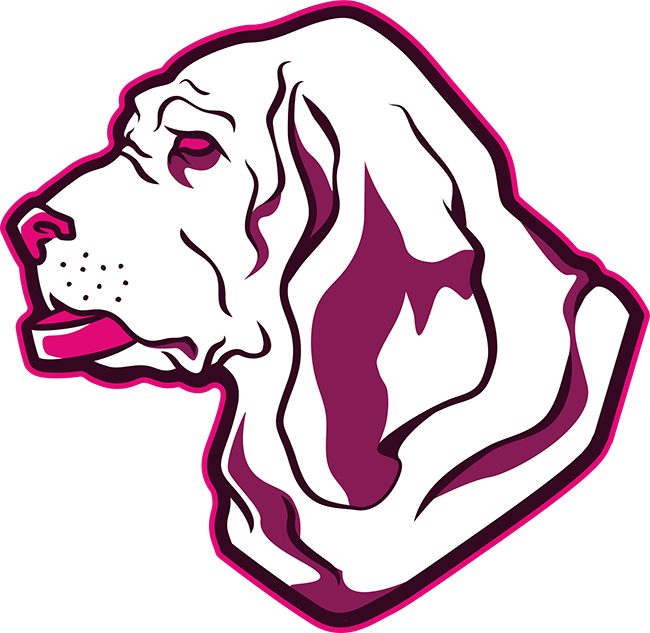 The primary logo for the fictional 'Bloodhounds' team. It features a stylized head of a bloodhound dog, holding a puck in its mouth. The dog is primarily in white, with dark magenta and deep pinks tones. The puck is a pink color, and positioned in a way where it could also be interpreted as part of the dog's tongue sticking out.