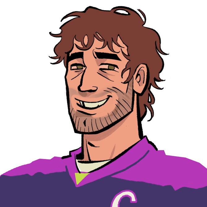 A headshot of Coulter, #76, a Phantoms right wing and one of four romanceable characters in Unsportsmanlike Conduct. The current Phantoms team captain. Illustration by Lauren Johnson.