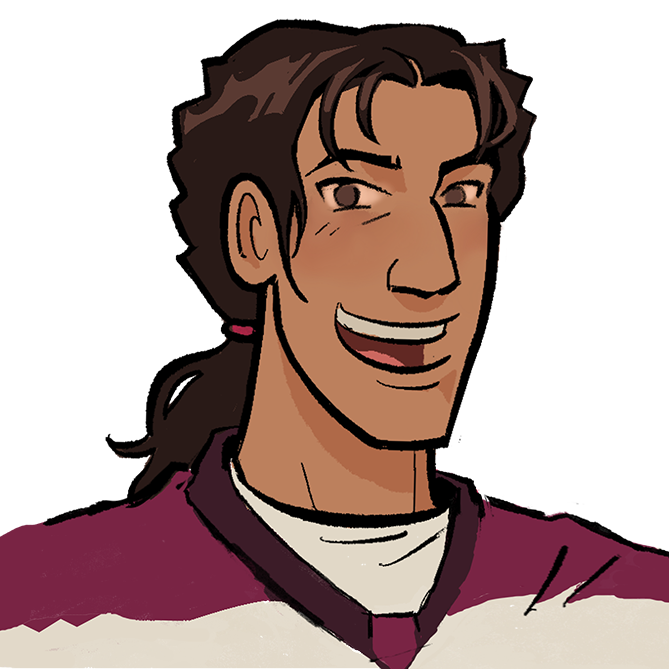 A headshot of Dupré, #46, the Bloodhounds goaltender and one of four romanceable characters in Unsportsmanlike Conduct.