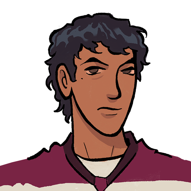 A headshot of Morin, #11, a Bloodhounds right wing and one of four romanceable characters in Unsportsmanlike Conduct. Illustration by Lauren Johnson.