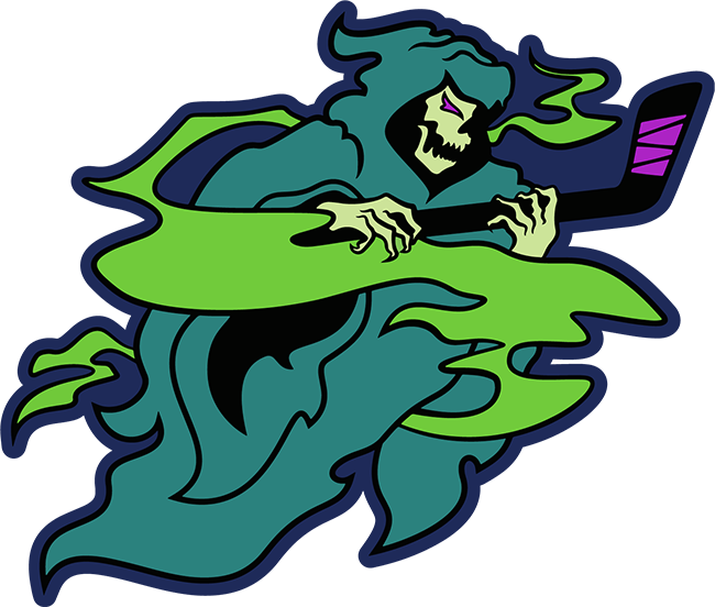 The primary logo for the fictional 'Phantoms' team. It features a floating, ghostly reaper in blue-green robes. It is holding a hockey stick wrapped with purple tape that matches the color of its eyes in lieu of a typical scythe. A neon green smoke trail is wrapped diagonally around the reaper's figure.